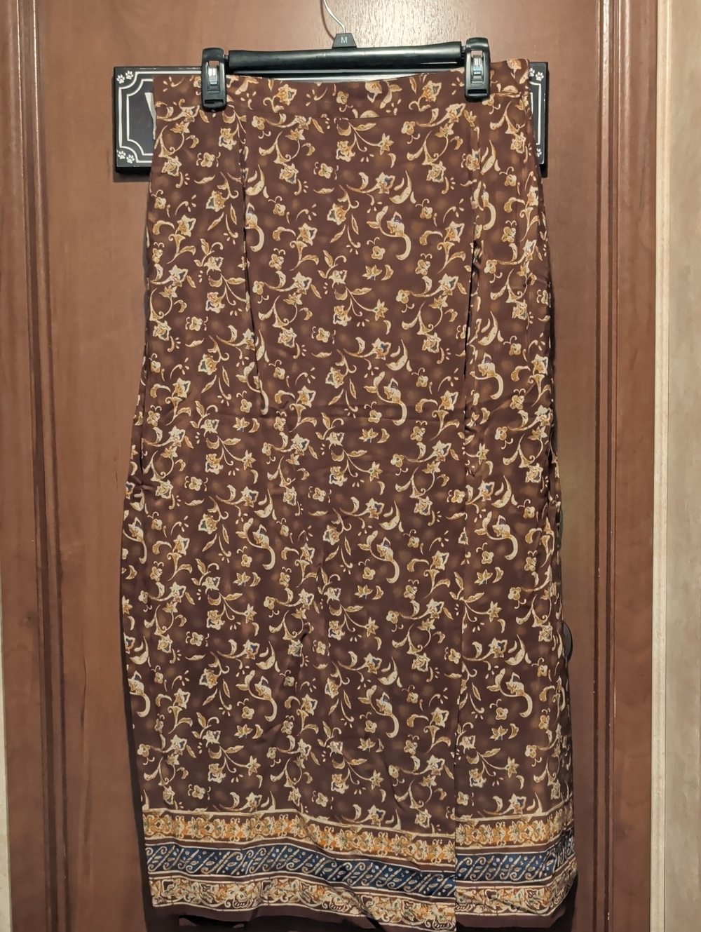 Jennifer Moore Silk Brown and Blue Maxi Skirt with Border Print